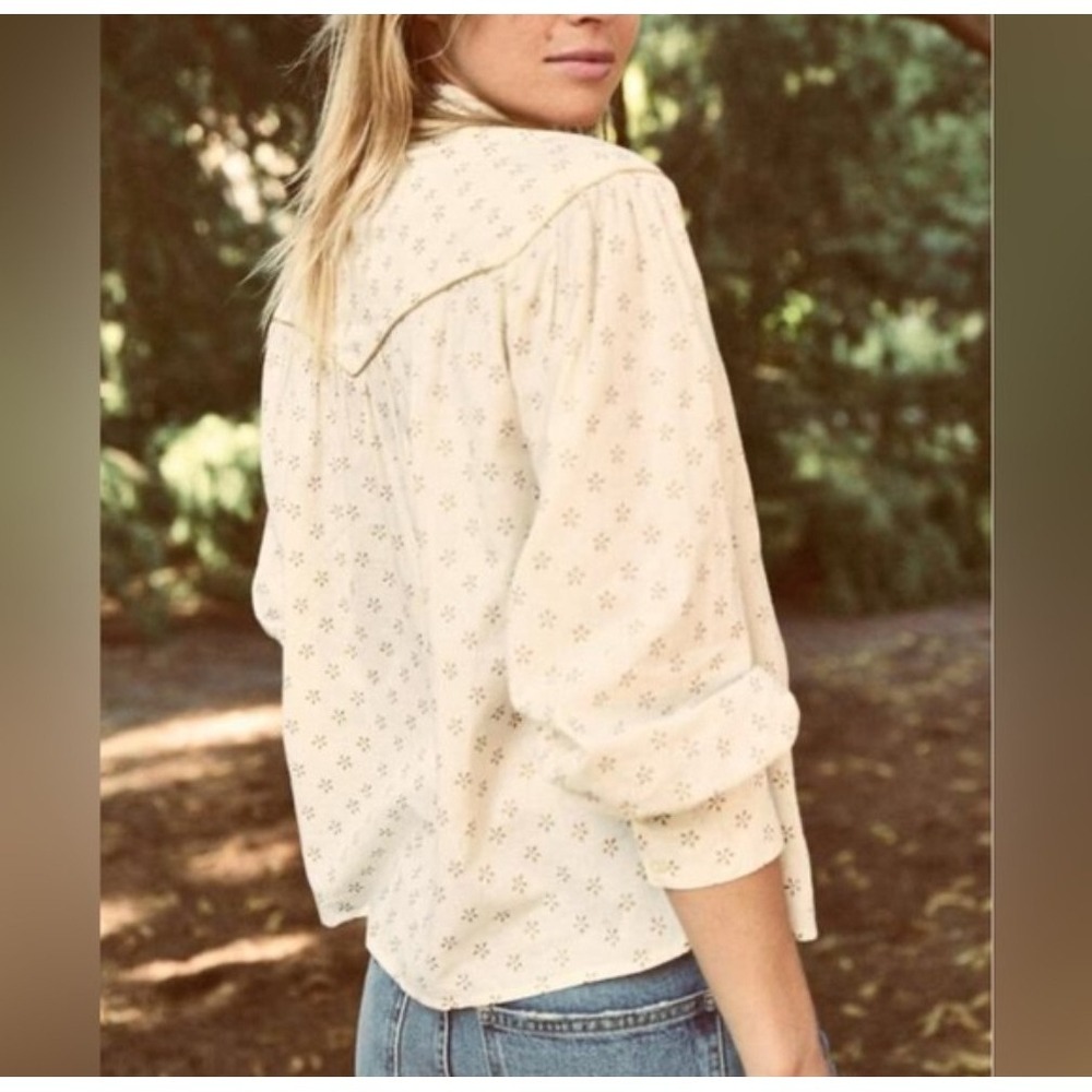The Great Blouse Women's Westerner Long Balloon Sleeve Cotton Foil Print Top XS - Picture 4 of 10